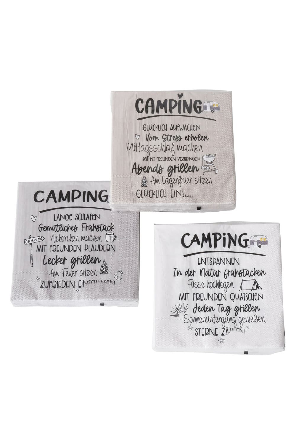 Geschenk fuer Camper. Die Servietten sind 3-lagig und biologisch abbaubar. 20 Stueck pro Packung. Die Camping Spruchservietten sind nur im 3er-Set erhaeltlich.