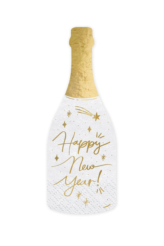 Papierservietten in Form von einer Champagner Flasche! Servietten mit der Aufschrift: Happy new year. 1 Packung enthaelt 20 Servietten. Ideal fuer den Silvester!