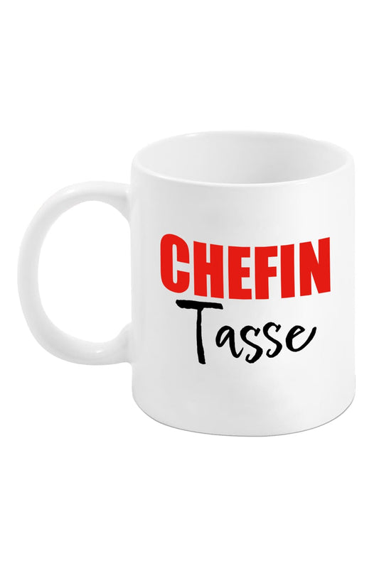 Die Tasse mit der Aufschrift: Chefin Tasse. Die bedruckte Keramik Spruchtasse ist verpackt in einer schoenen Kartonbox. Jetzt bei Geschenk Insel!