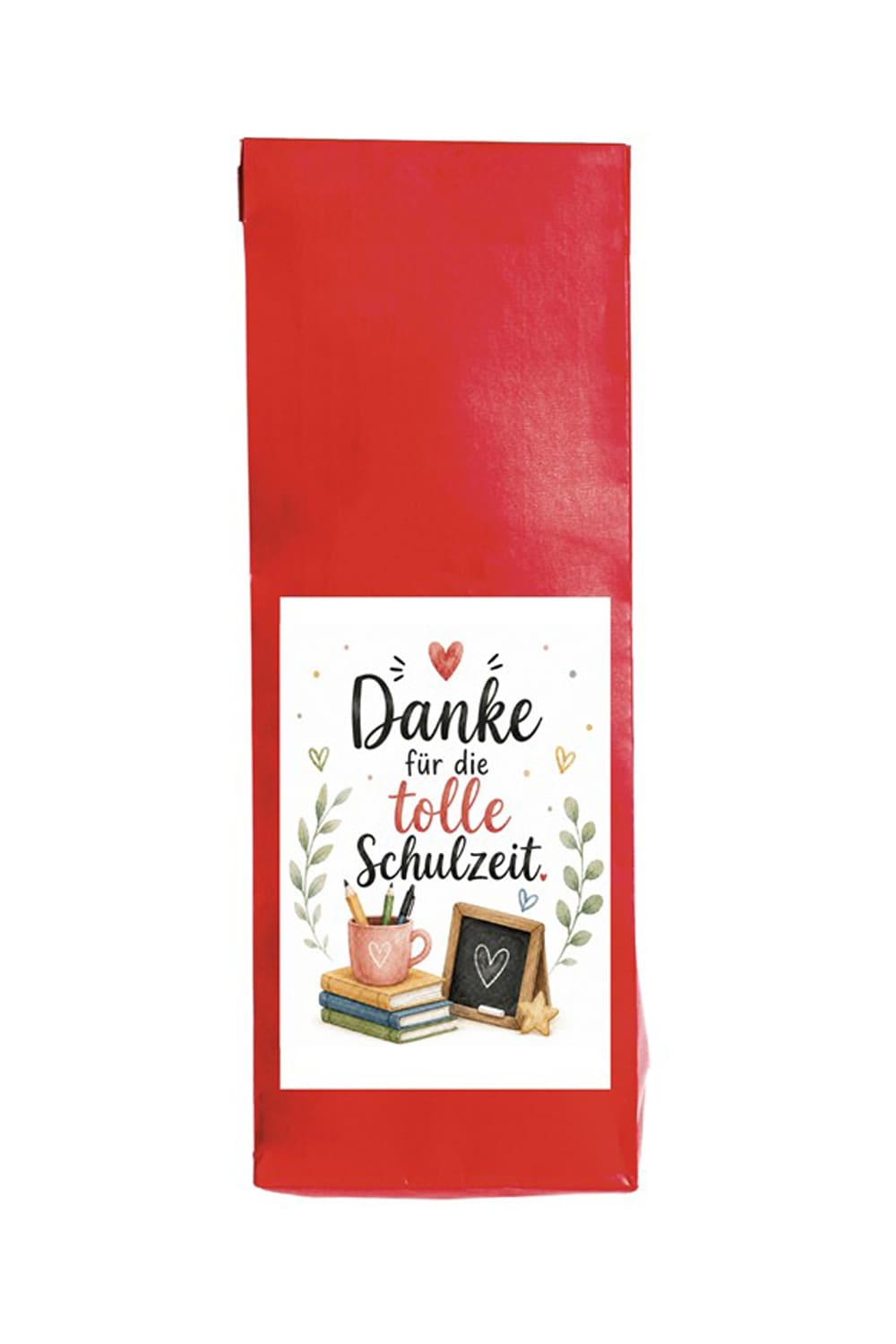 Tee-Geschenk mit Etikette «Danke fuer die tolle Schulzeit» als Aufmerksamkeit fuer Lehrpersonen.