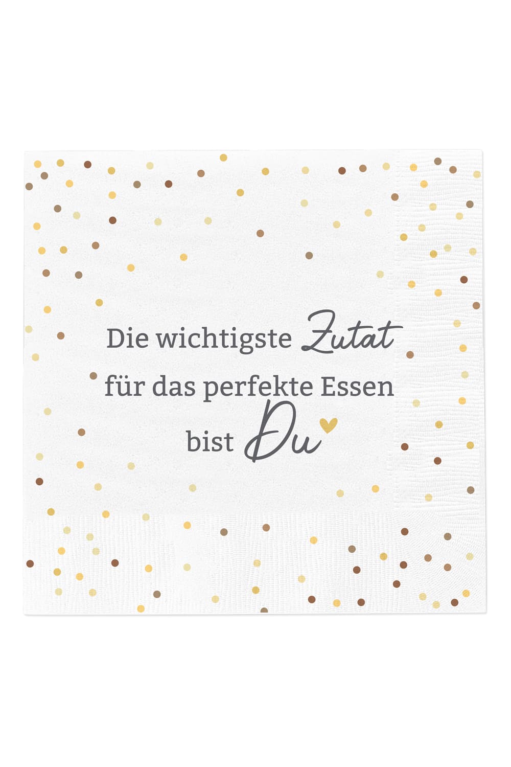 Die Spruchservietten sind ideal fuer diverse Anlaeesse. Mit dem Spruch: Die wichtigste Zutat für das perfekte Essen bist Du. Eine Packung beinhaltet 20 Servietten.