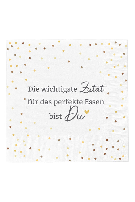 Die Spruchservietten sind ideal fuer diverse Anlaeesse. Mit dem Spruch: Die wichtigste Zutat für das perfekte Essen bist Du. Eine Packung beinhaltet 20 Servietten.
