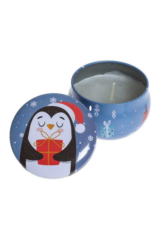 Duftkerze Weihnachten. Pinguin. Weihnachtskerze in der Dose. 