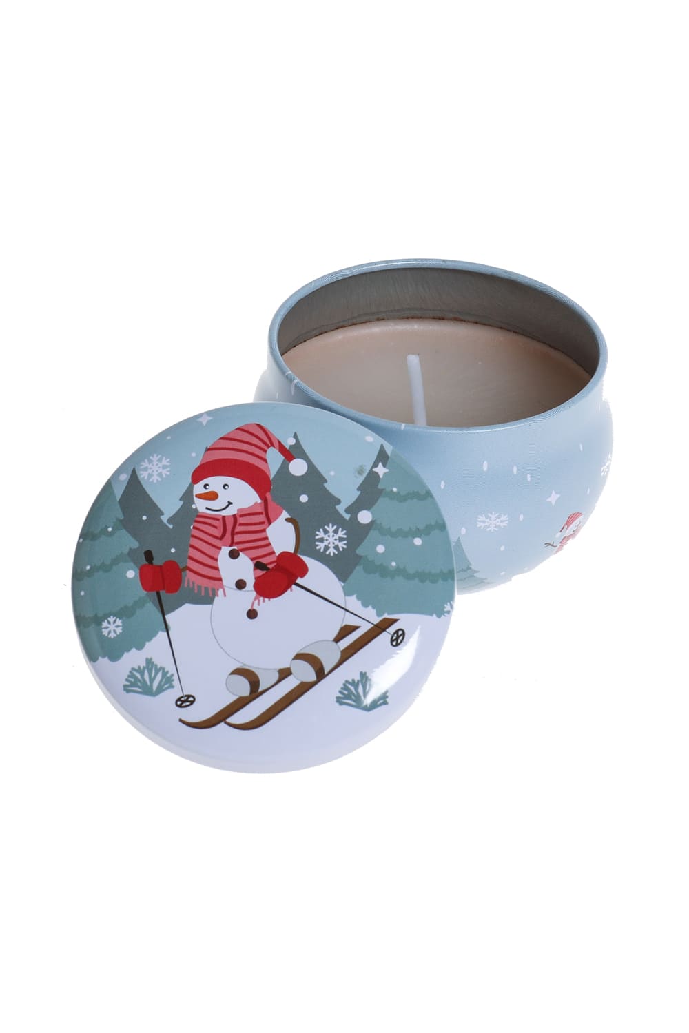 Duftkerze Weihnachten. Schneemann. Weihnachtskerze in der Dose. 