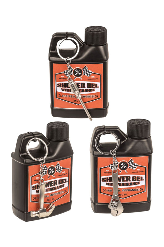 Witziges Duschgel in einer Flasche die aussieht wie ein Motorenoel Kanister! Duschgel (3 Stk.) inklusive drei diverse Anhaenger in Form eines Werkzeuges.