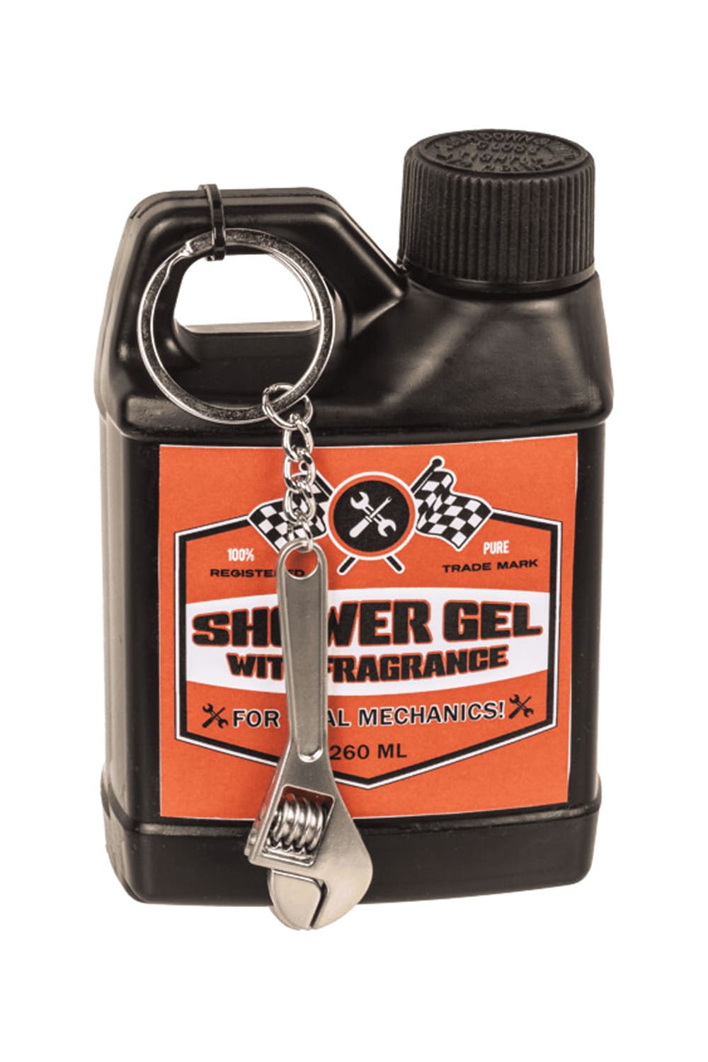 Witziges Duschgel in einer Flasche die aussieht wie ein Motorenöl Kanister! Duschgel (3 Stk.) inklusive drei diverse Anhänger in Form eines Werkzeuges: Schraubenschluessel.