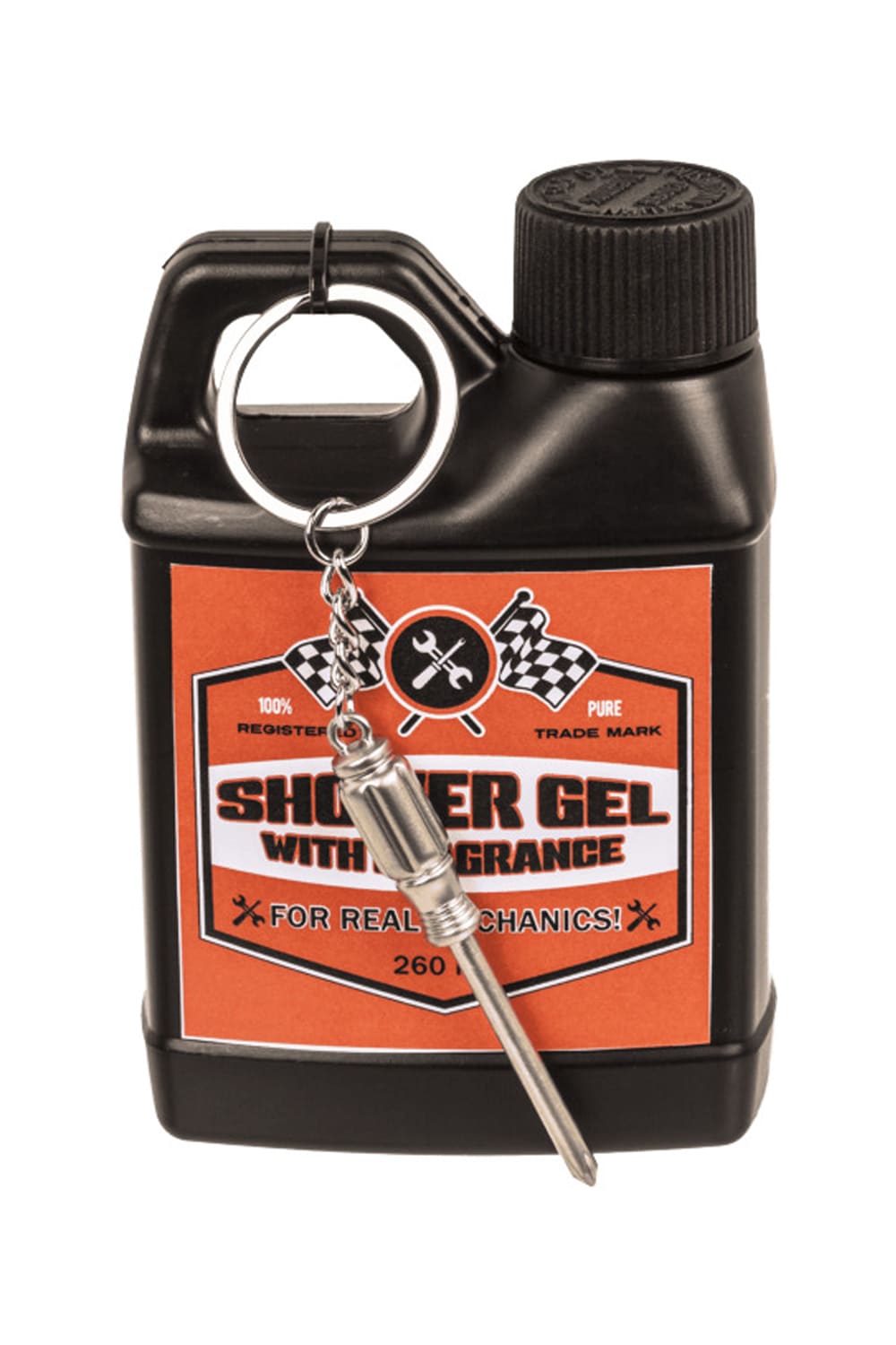 Witziges Duschgel in einer Flasche die aussieht wie ein Motorenöl Kanister! Duschgel (3 Stk.) inklusive drei diverse Anhänger in Form eines Werkzeuges: Schraubenzieher.