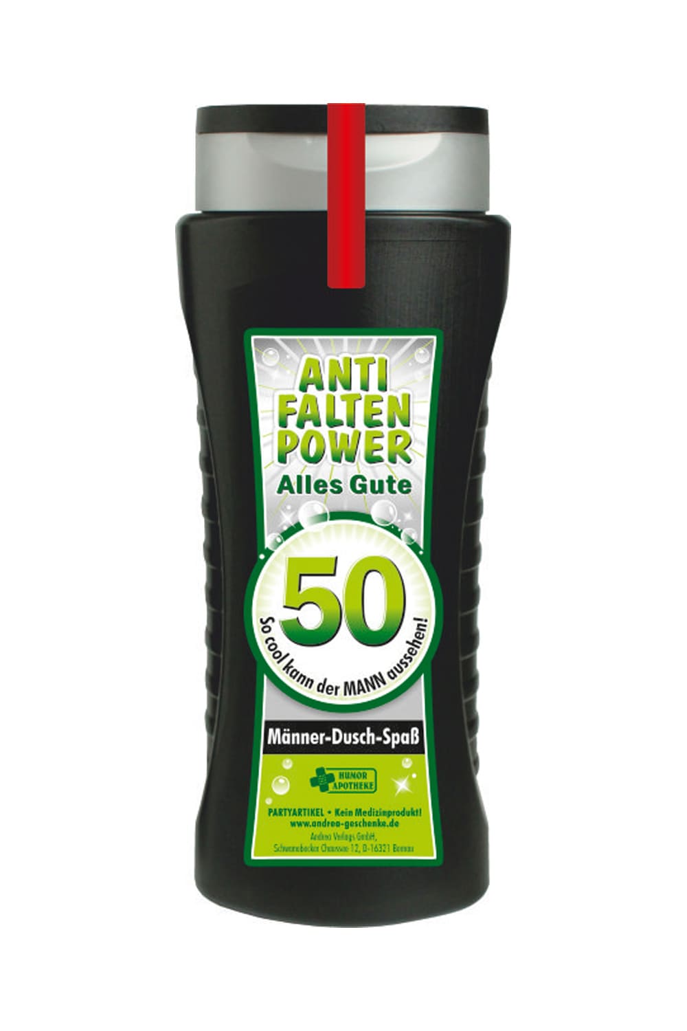 Tolles Maenner Duschgel, mit der Zahl 50 und dem Spruch: Anti Falten Power. Alles Gute. So cool kann der Mann aussehen. fuer ein cooles Geschenk zum 50. Geburtstag. Ein grossartiges Gag Geschenk zum Schmunzeln und fuer einen absoluten Duschspass. 