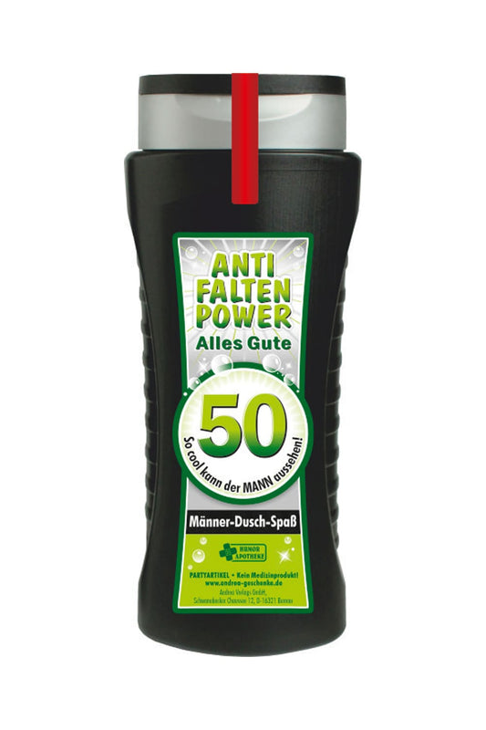 Tolles Maenner Duschgel, mit der Zahl 50 und dem Spruch: Anti Falten Power. Alles Gute. So cool kann der Mann aussehen. fuer ein cooles Geschenk zum 50. Geburtstag. Ein grossartiges Gag Geschenk zum Schmunzeln und fuer einen absoluten Duschspass. 
