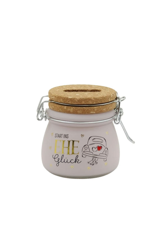 Die kleine Spardose zur Hochzeit ist aus Glas und Kork sowie mit Vorhaengeschloss und Schluessel. Auf dem Mini Sparglas steht die Aufschrift: Start ins Eheglueck!
