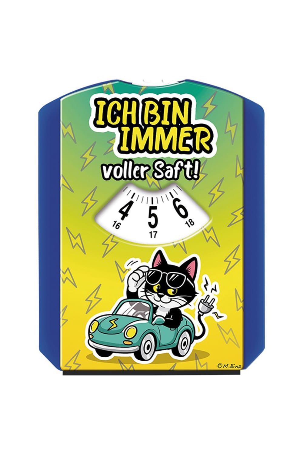 Die spassige Elektroauto Parkscheibe mit dem Spruch: Ich bin immer voller Saft! Ein witziges und nuetzliches Geschenk fuer Autofahrer. 