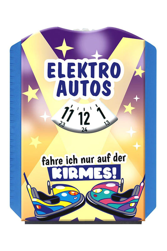 Die kreative und spassige Parkscheibe ist mit der Aufschrift: Elektroautos fahre ich nur auf der Kirmes! Die Parkscheibe mit Spruch kann zu dem als Wasserabzieher und Eiskratzer verwendet werden. Ein witziges und nuetzliches Geschenk fuer alle Autofahrer. 