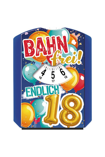 Die spassige Parkscheibe ist mit dem Spruch: Bahn frei! Endlich 18. Die Parkscheibe ist ein nuetzliches Geschenk zum 18. Geburtstag!