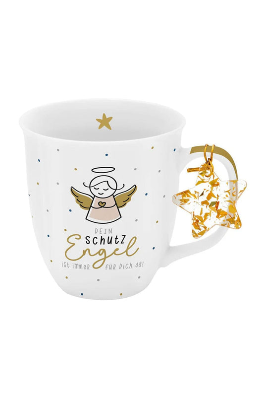 Die Engel Tasse mit herzigem Druck: Dein Schutzengel ist immer fuer Dich da. Zusaetzlich ist ein durchsichtiger Acrylstern mit Goldpartikeln am Mug Henkel befestigt.
