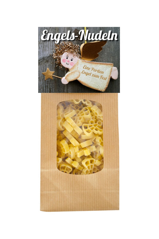 Die Pasta sind in Engelform. Auf der Verpackung steht der Spruch: Eine Portion Engel zum Fest. Die Engels-Nudeln als Geschenk zu Weihnachten.