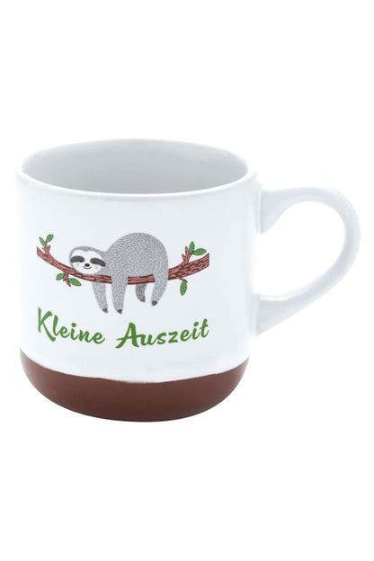 Espressotasse mit der Aufschrift: Kleine Auszeit. Die Keramik Spruchtasse ist mit einem  Faultier bedruckt. Herziges Geschenk fuer Alle, die Espresso trinken. 