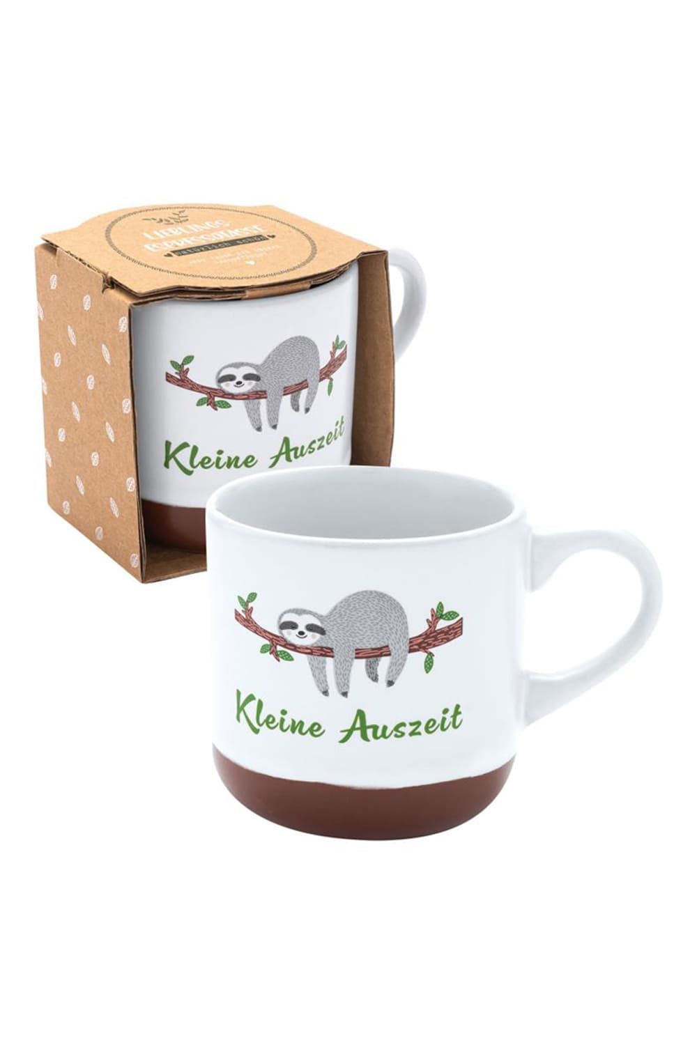 Espressotasse mit der Aufschrift: Kleine Auszeit. Die Keramik Spruchtasse ist mit einem  Faultier bedruckt. Herziges Geschenk fuer Alle, die Espresso trinken. Mit Banderole.