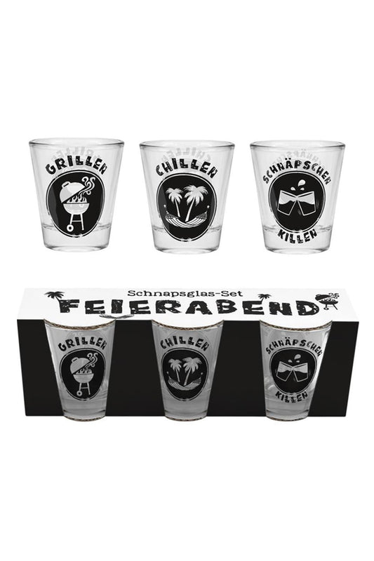 Das Feierabend Schnapsglas-Set ist ein witziges Geschenk! Das Set besteht aus 3 bedruckten Schnaps Glaeschen: ''Grillen, Chillen und Schnaepschen killen''.