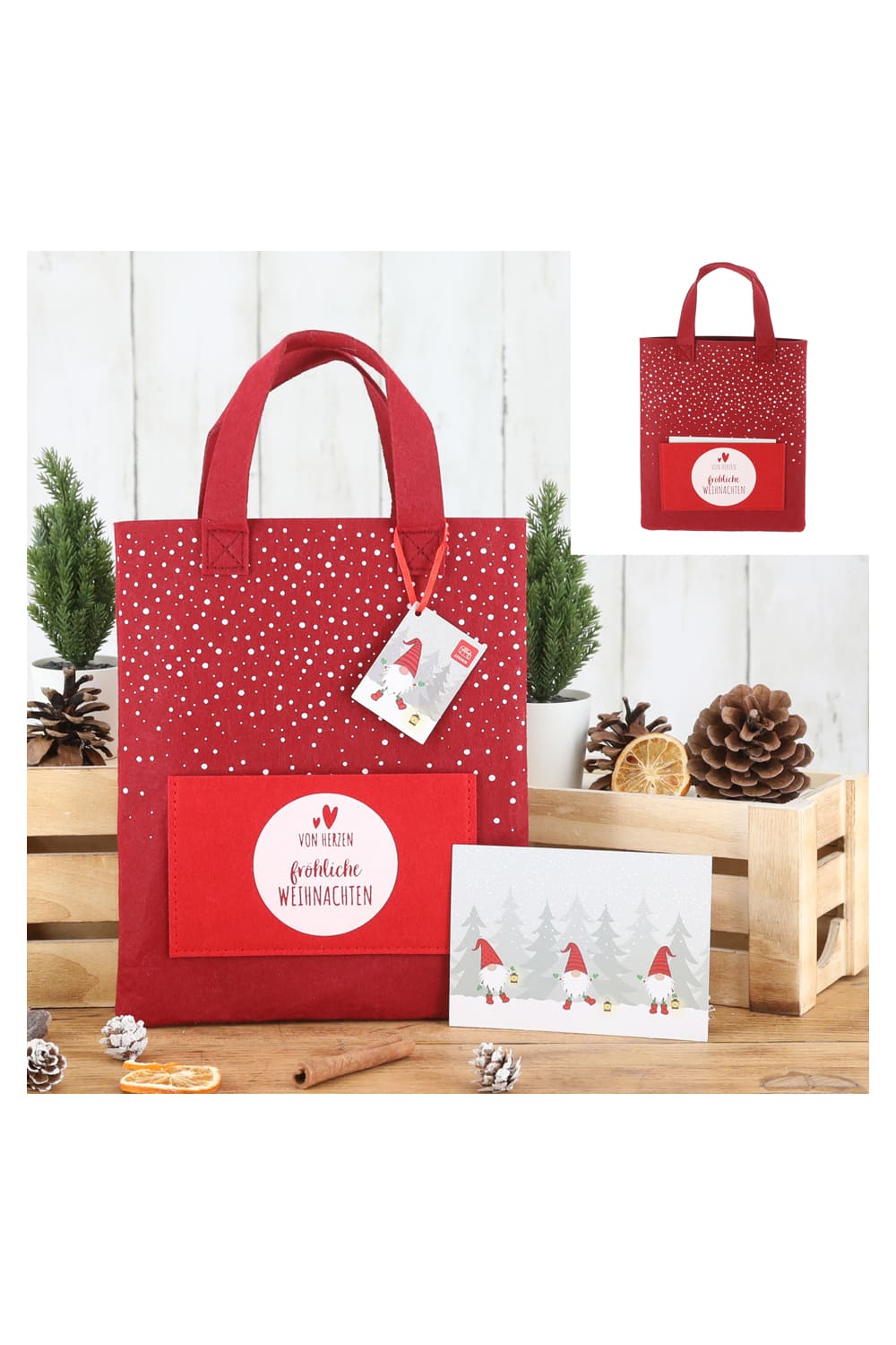 Diese rote Filztasche ist inklusive einer Postkarte fuer Weihnachtsgruesse. Auf der Tasche steht die Aufschrift: Von Herzen froehliche Weihnachten. Denn die weihnachtliche Tasche hat Platz fuer ein kleineres Geschenk und zusaetzlich kann die Tasche mit einem Geldgeschenk oder einem Gutscheingeschenk ergaenzt werden.