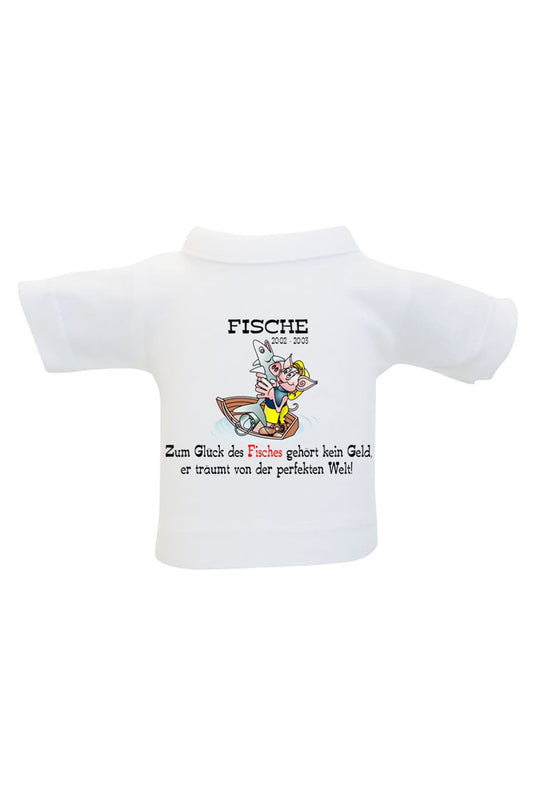 Einfach das Mini T-Shirt um eine Flasche, um ein Geschenk oder Stofftier haengen und fertig ist die originelle Geschenkverpackung. Das Sternzeichen Flaschenshirt mit der Aufschrift: Fische 20.02-20.03. Zum Glueck des Fisches gehoert kein Geld, er traeumt von der perfekten Welt!