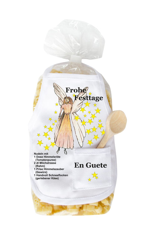 Die Engel Pasta sind in Engelform. Die Nudeln sind in einer schoenen Verpackung mit einer Mini-Schuerze. Mit lustigem Rezept dem Spruch: Frohe Festtage. 
