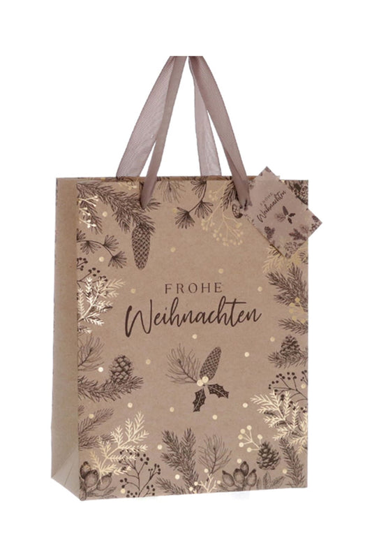 Hochwertige Geschenktasche mit der Aufschrift: Frohe Weihnachten und schoenem Tannzapfen Motiv. Eine schoene Geschenktuete fuer Weihnachten! Die weihnachtlichen Geschenktueten gibt es in zwei unterschiedlichen Groessen (auswaehlbar). Einfach eine originelle Geschenkverpackung! 