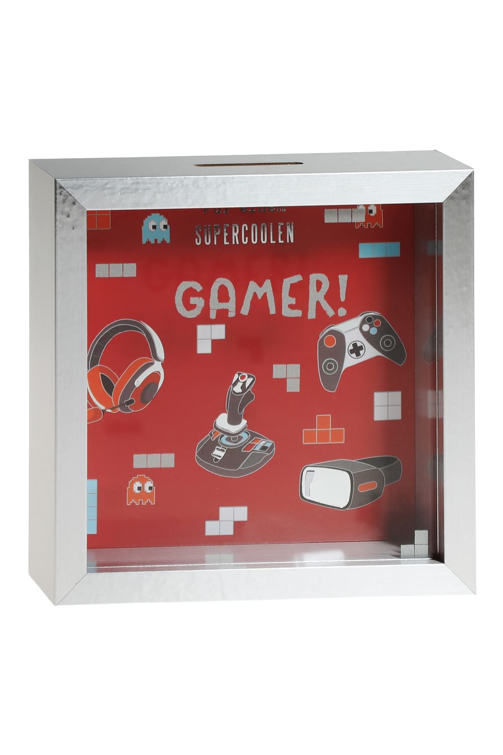 Dieses originelle Gaming Sparkaesseli ist ein ideales Geschenk fuer jeden Anlass! Die Holz Spardose mit Gaming-Bild und dem Spruch: Fuer einen super coolen Gamer!