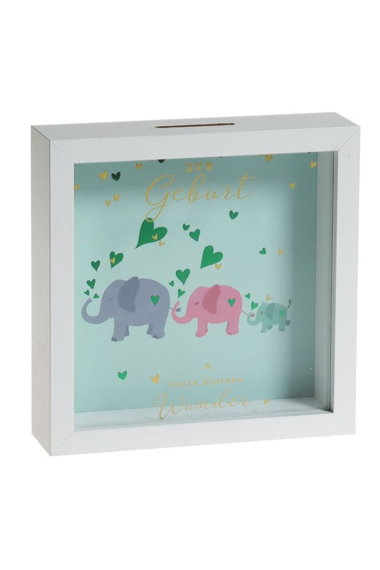 Das Elefanten Sparkaesseli ist ein ideales Geschenk fuer ein Baby! Die Holz Spardose mit Elefanten-Bild und dem Spruch: Zur Geburt. Hallo kleines Wunder. 