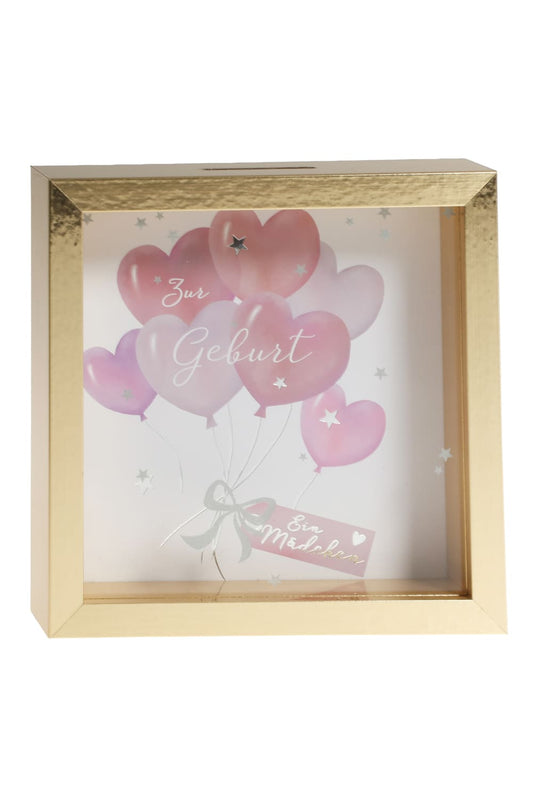 Das herzige Maedchen Sparkaesseli ist ein ideales Geschenk fuer ein Baby zur Geburt! Die Holz Spardose mit Herzballon-Bild und dem Spruch: Zur Geburt. Ein Maedchen. 