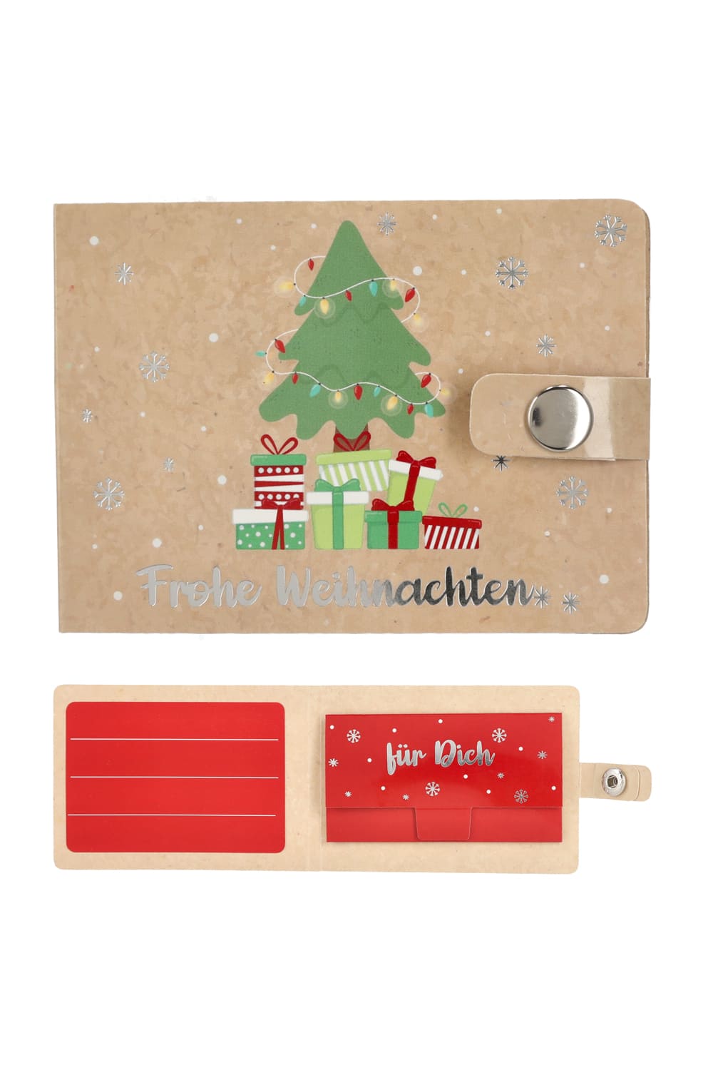 Kleine Papier-Geldboerse ist perfekt um ein Geldgeschenk zu verpacken. Die Brieftasche als Geschenk zu Weihnachten! Frohe Weihnachten, beige.