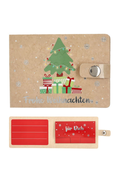 Kleine Papier-Geldboerse ist perfekt um ein Geldgeschenk zu verpacken. Die Brieftasche als Geschenk zu Weihnachten! Frohe Weihnachten, beige.
