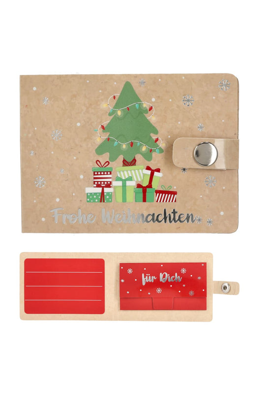 Kleine Papier-Geldboerse ist perfekt um ein Geldgeschenk zu verpacken. Die Brieftasche als Geschenk zu Weihnachten! Frohe Weihnachten, beige.