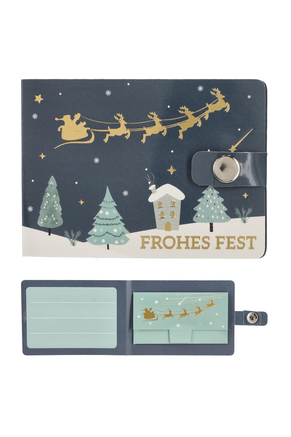 Kleine Papier-Geldboerse ist perfekt um ein Geldgeschenk zu verpacken. Die Brieftasche als Geschenk zu Weihnachten! Frohes Fest, blau.