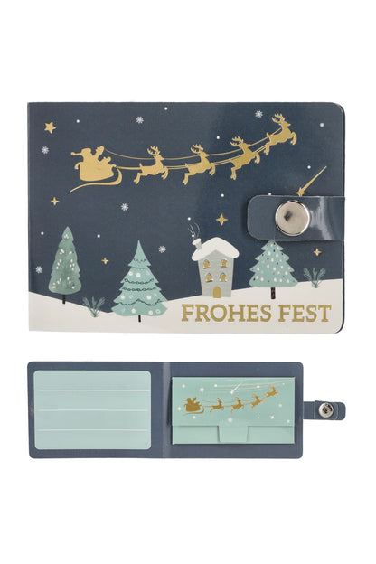 Kleine Papier-Geldboerse ist perfekt um ein Geldgeschenk zu verpacken. Die Brieftasche als Geschenk zu Weihnachten! Frohes Fest, blau.