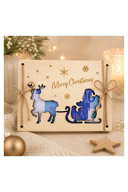 Holz Geldkarte Merry Christmas mit Weihnachtsmann im Schlitten und Rentier als kreatives Geldgeschenk zu Weihnachten
