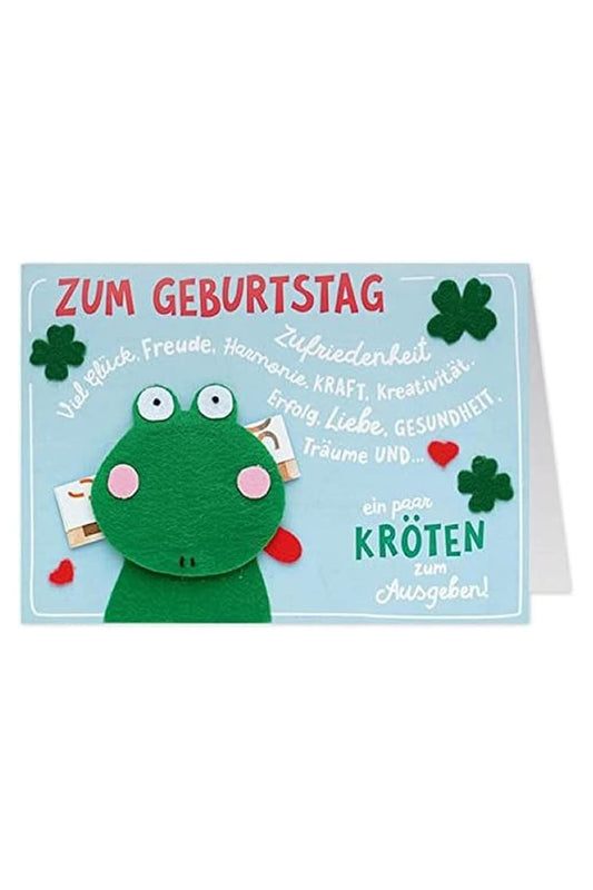 Die Karte zum Geburtstag als Kombi aus Geldgeschenk und persoenlicher Nachricht! Geldkarte mit dem Spruch: Ein paar Kroeten zum Ausgeben! Frosch ist aus Filz.