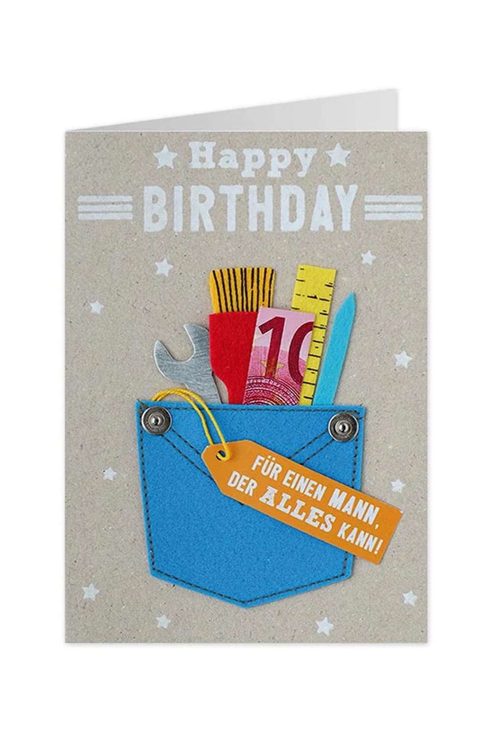 Die Geburtstagskarte mit dem Spruch: Happy Birthday. Fuer einen Mann, der alles kann! Die Werkzeug Geldkarte hat eine Tasche aus Filz. Jetzt bei Geschenk Insel!