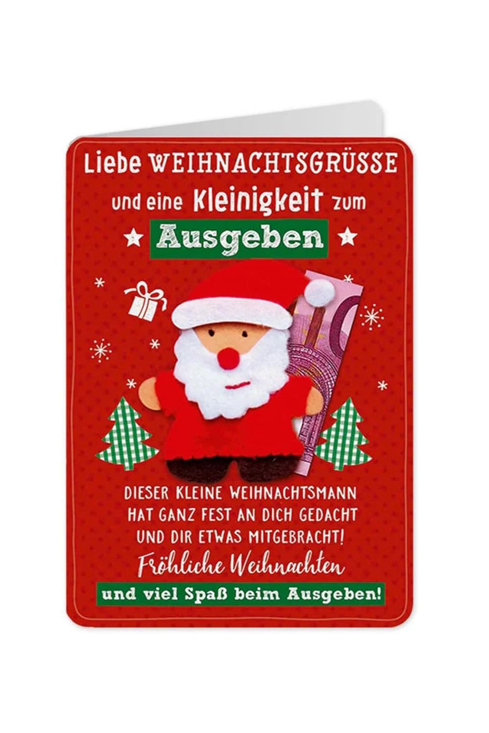 Die Weihnachtskarte als Kombi (Geldgeschenk, Mitbringsel, persoenliche Nachricht). Der Filz Samichlaus kann aufgehaengt werden. Spruch Geldkarte zu Weihnachten!