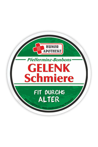 Pfefferminz Bonbons in der Dose mit dem Spruch: Gelenkschmiere. Fit durchs Alter. Die japanische Minz-Bonbons sind ein witziges Geschenk zur Pensionierung und fuer aeltere Menschen. 