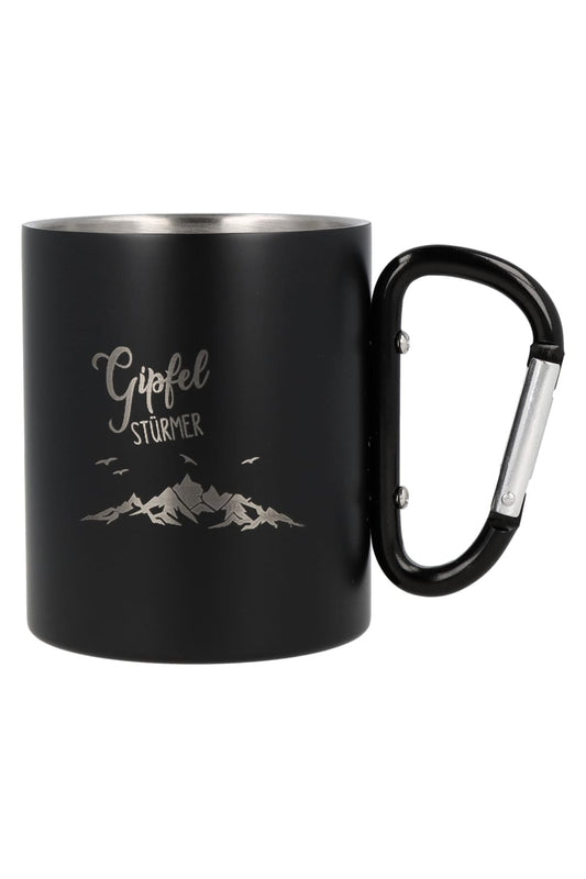 Die Gipfelstuermer Karabiner Tasse ist ein perfektes Geschenk fuer Wanderer. Becher aus Edelstahl mit Berg Motiv und der Aufschrift: Gipfelstuermer.