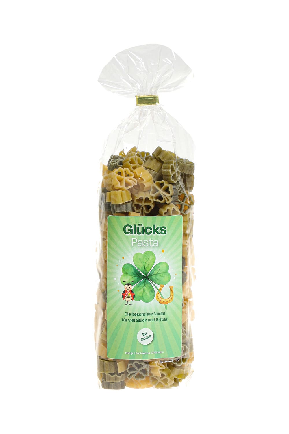 Pastasäckli mit der Spruchetikette: Gluecks Pasta. Die besondere Nudel fuer viel Glueck und Erfolg. En Guete. Die Motiv Teigwaren sind in Kleeblatt Form! 