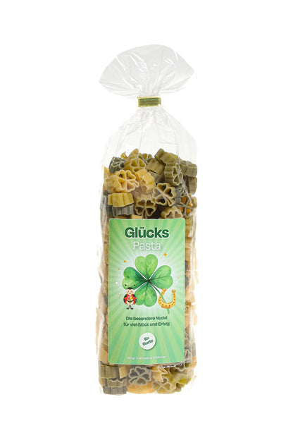 Pastasäckli mit der Spruchetikette: Gluecks Pasta. Die besondere Nudel fuer viel Glueck und Erfolg. En Guete. Die Motiv Teigwaren sind in Kleeblatt Form! 