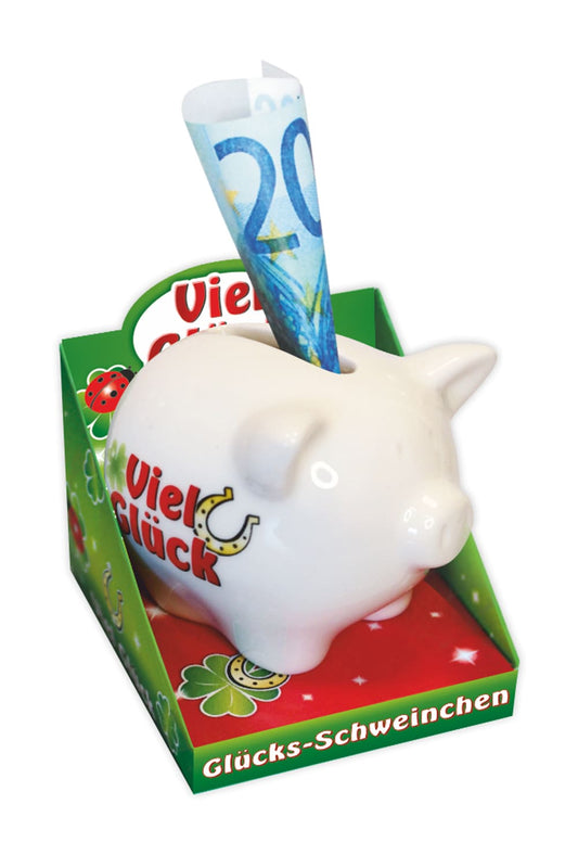 Dieses Gluecks Mini-Sparschweinchen ist beidseitig mit der Aufschrift: Viel Glueck, bedruckt.  Das kleine Sparschwein ist ein ideales Geldgeschenk zum Geburtstag, zur Pensionierung,Silvester oder fuer eine bevorstehende Pruefung.