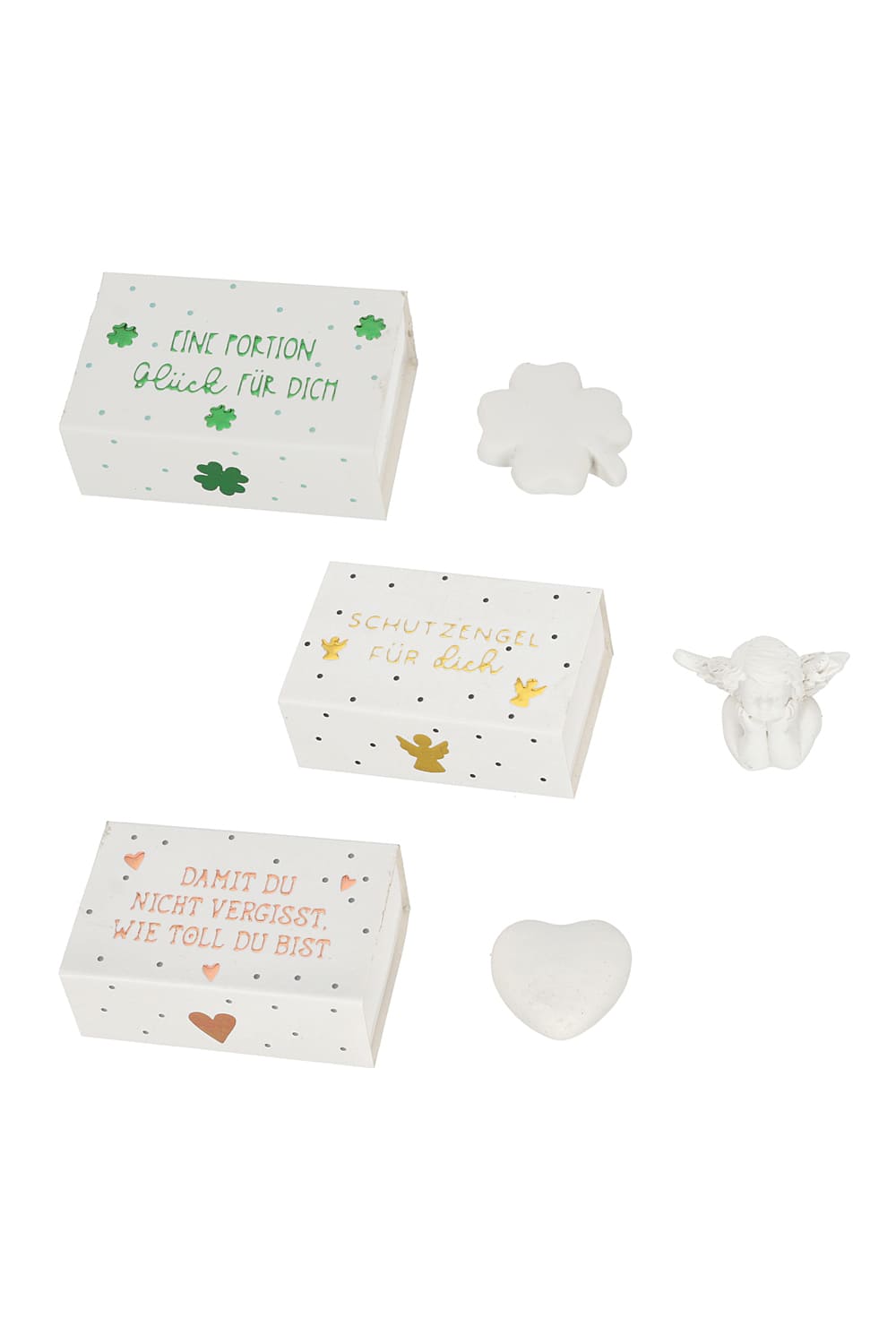 Dieses kleine Gluecksbringer Boexli sorgt fuer viel Glueck! Mit Gluecksbringer aus Polyresin. Drei diverse Motive auswaehlbar: Engel, Herz, Kleeblatt. 