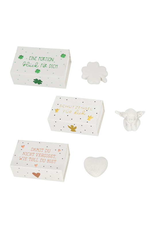 Dieses kleine Gluecksbringer Boexli sorgt fuer viel Glueck! Mit Gluecksbringer aus Polyresin. Drei diverse Motive auswaehlbar: Engel, Herz, Kleeblatt. 