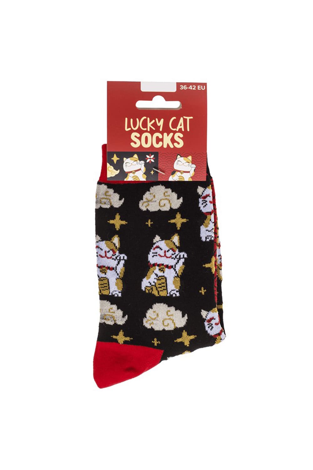 Witzige Socken mit Glueckskatze Motiv! Diese lustigen Motivsocken sind ein grossartiges und witziges Geschenk! In der Einheitsgroesse 36–42 erhaeltlich.