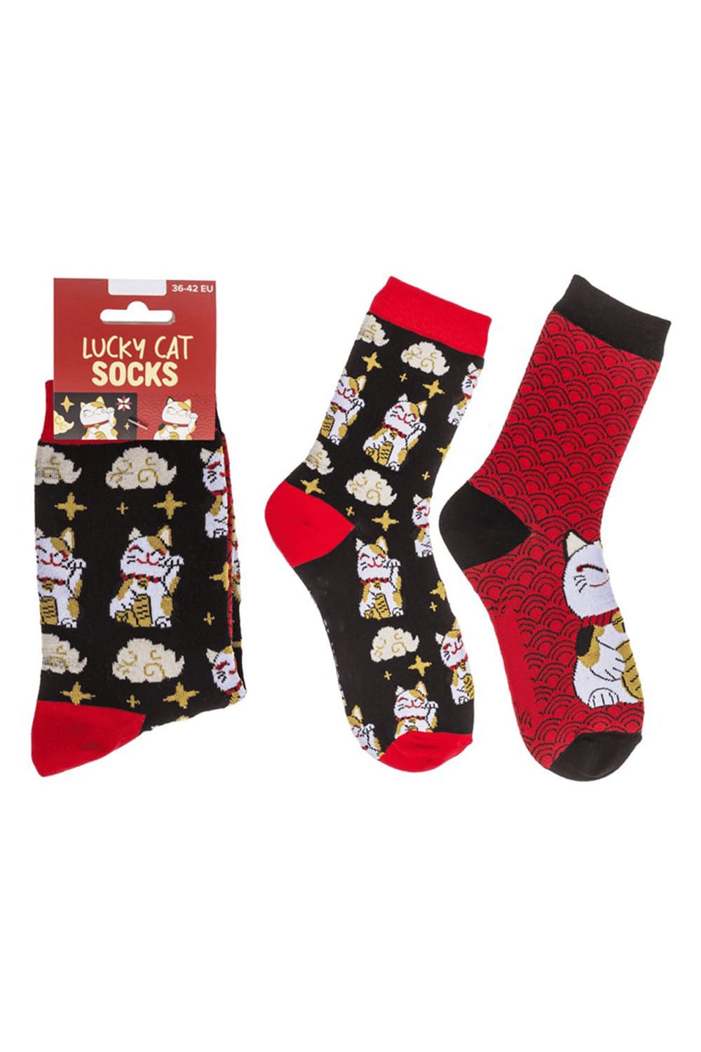 Witzige Socken mit Glueckskatze Motiv! Diese lustigen Motivsocken sind ein grossartiges und witziges Geschenk! In der Einheitsgroesse 36–42 erhaeltlich. Jetzt bei geschenkinsel.ch.