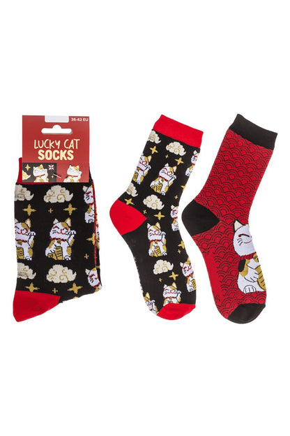 Witzige Socken mit Glueckskatze Motiv! Diese lustigen Motivsocken sind ein grossartiges und witziges Geschenk! In der Einheitsgroesse 36–42 erhaeltlich. Jetzt bei geschenkinsel.ch.