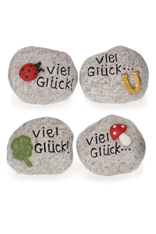 Die Glueckssteine sind perfekt fuer jeden Anlass. Stein Gluecksbringer mit der Aufschrift: Viel Glueck! Im 4er-Set (4 diverse Motive). 