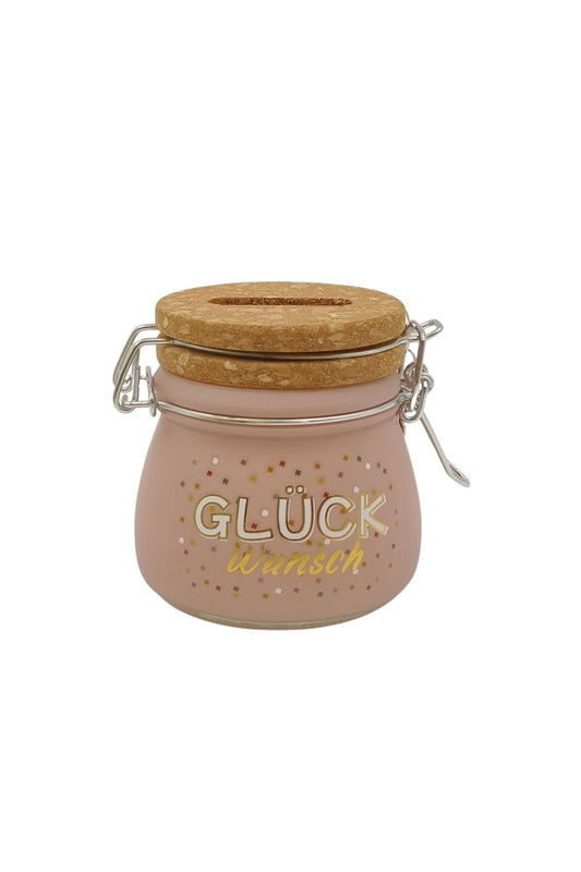 Diese kleine Spardose ist aus Glas und Kork sowie mit Vorhaengeschloss und Schluessel. Auf dem Mini Sparglas steht die Aufschrift: Glueckwunsch! 